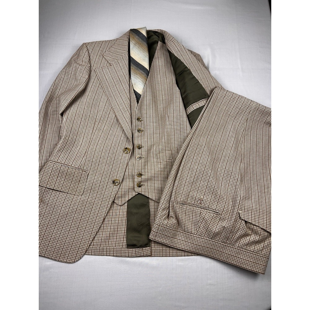 VTG 70s 3 PC Suit Tie 31x28 Tan Gingham Leisure Polyester Disco Johnny Carson